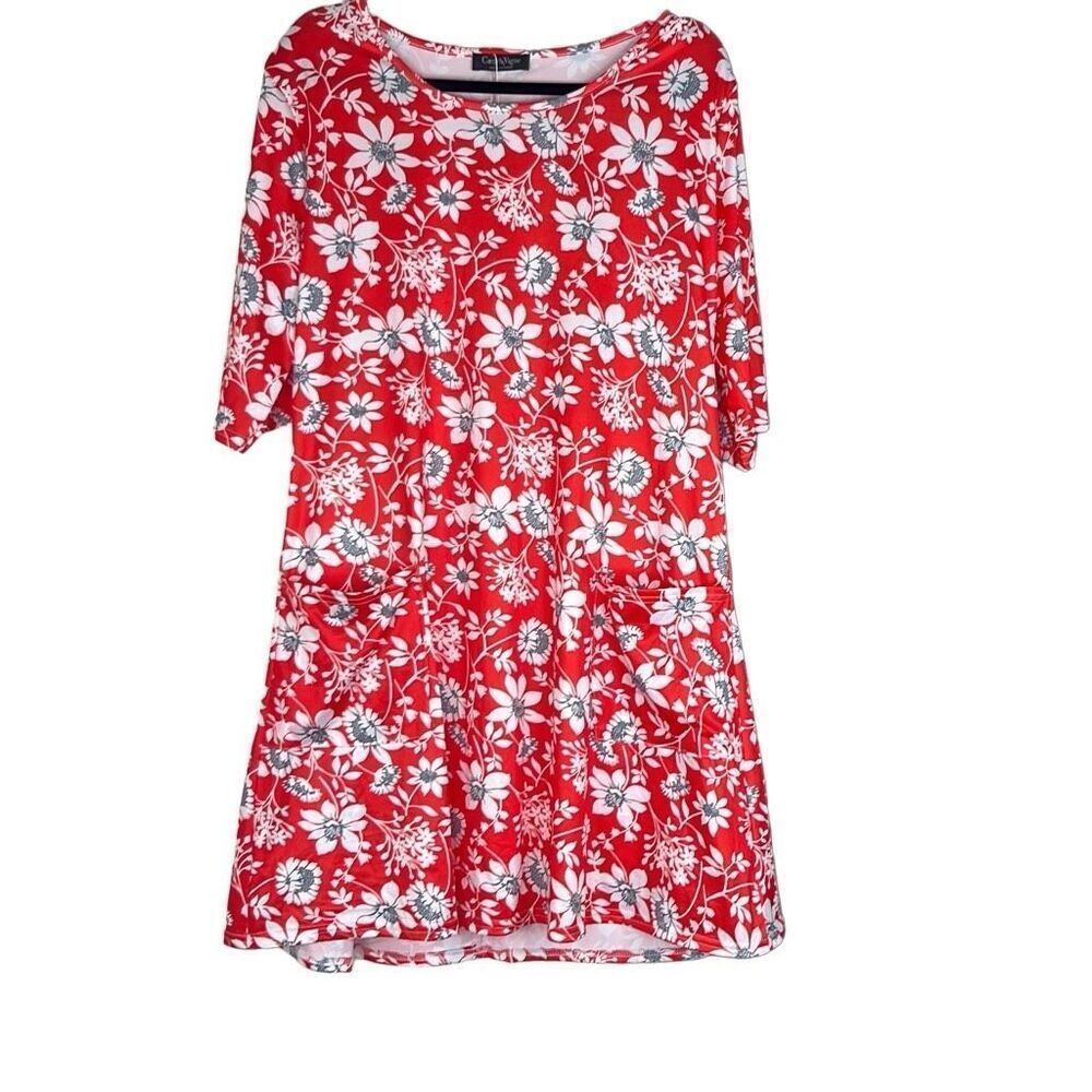 Coeur de Vague 2XL Red White Floral Shift Swing Dress Pockets‎ Stretch NWT